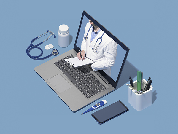 illustration with physician on laptop computer screen signifying telehealth